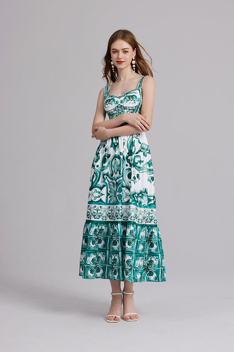 Women Print Position Halter Slim Waistline A Line Dress