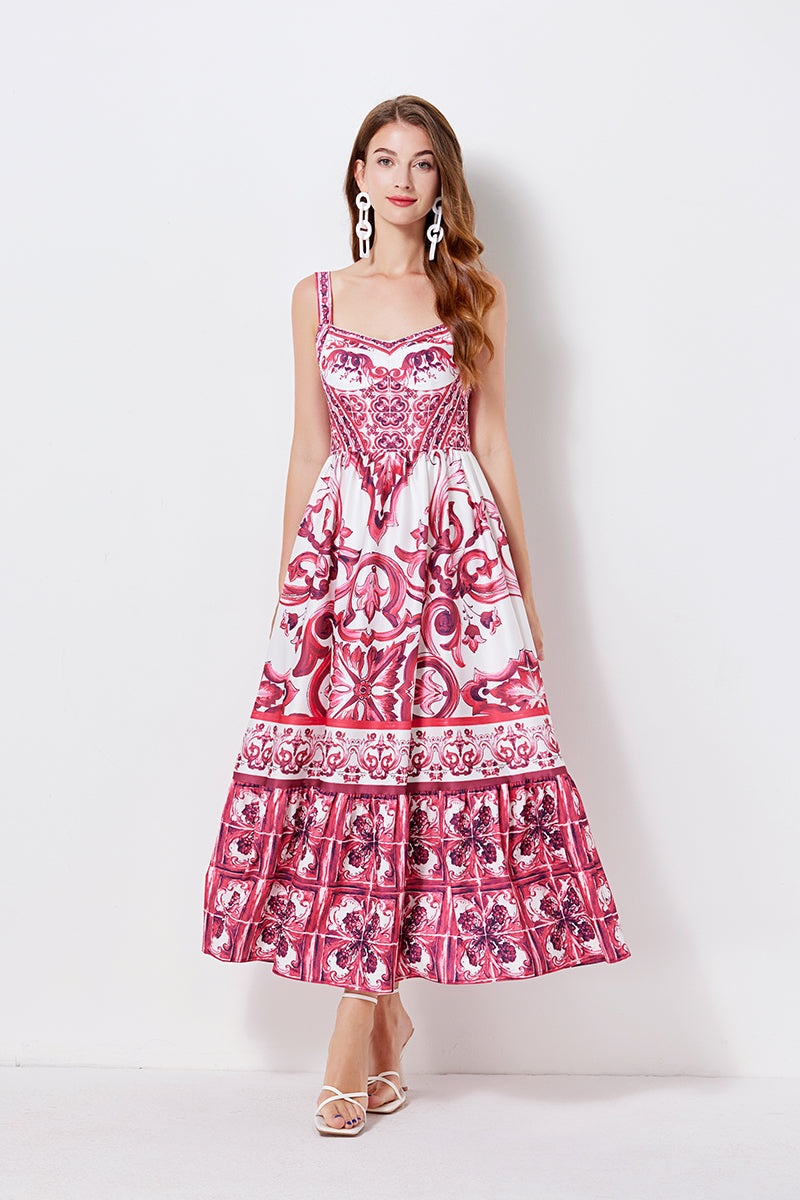 Women Print Position Halter Slim Waistline A Line Dress