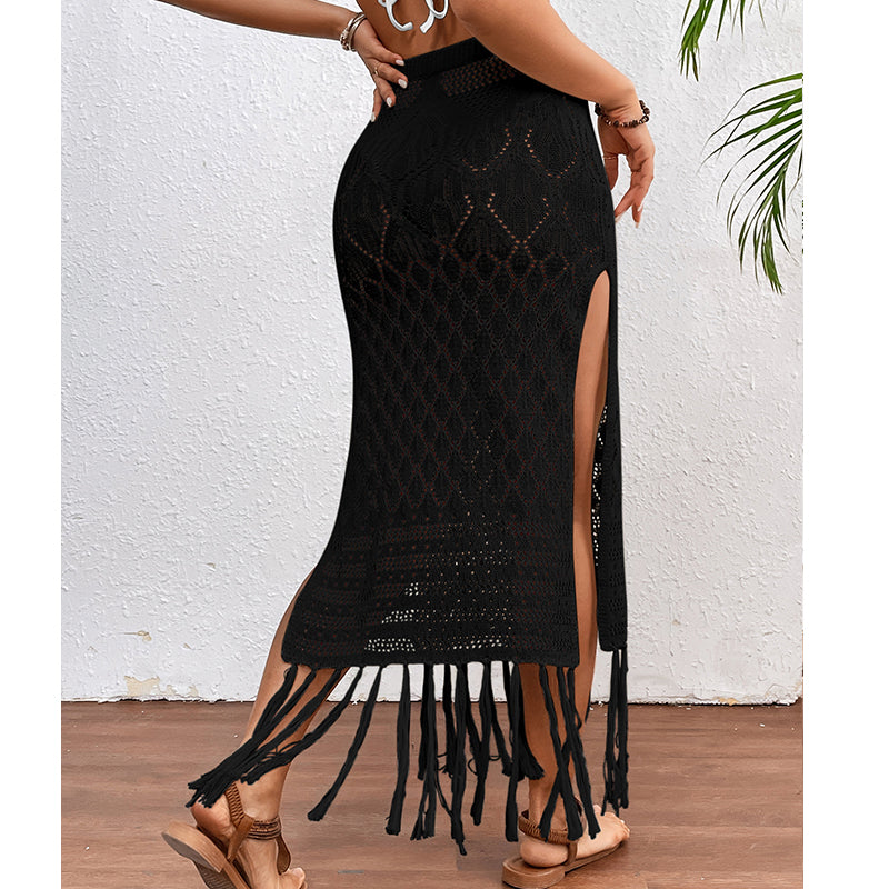 High Slit Tassel Sexy Texture Skirt Beach Vacation Bikini Overskirt Crochet hook Bella Mia