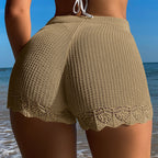 Women Clothing Hollow Out Cutout Lace Texture Solid Color Sheath Shorts Vacation Sun Protection Beach Pants Crochet hook Bella Mia