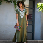 Rayon Army Green Short Sleeve Embroidered Beach Jacket Vacation Robe Beach Cover Up Outer Wear Dress Women Bella Mia