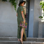 Rayon Army Green Short Sleeve Embroidered Beach Jacket Vacation Robe Beach Cover Up Outer Wear Dress Women Bella Mia