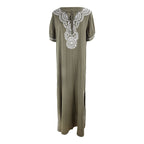 Rayon Army Green Short Sleeve Embroidered Beach Jacket Vacation Robe Beach Cover Up Outer Wear Dress Women Bella Mia