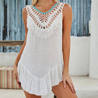 Vacation Hand Crocheting Stitching Color Ball Sexy Backless V Neck Lace Up Stylish Beach Dress Crochet hook Bella Mia