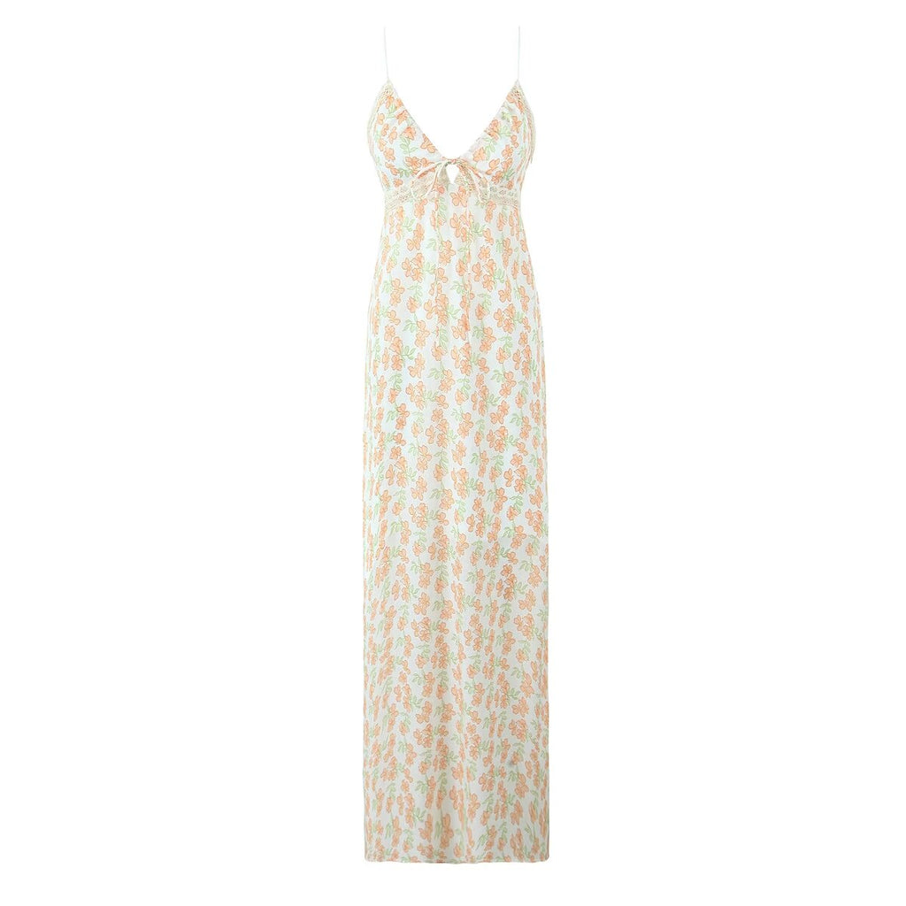 Sexy Deep V Plunge neck Lace up Floral Slip Dress Summer High Waist Slimming Vacation Maxi Dress