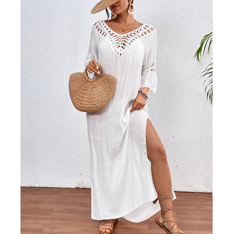 Women Hand Hook Stitching Colorful Ball Sexy Hollow Out Cutout Backless Loose Beach Long Cover Dress Crochet hook Bella Mia