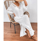 Women Hand Hook Stitching Colorful Ball Sexy Hollow Out Cutout Backless Loose Beach Long Cover Dress Crochet hook Bella Mia