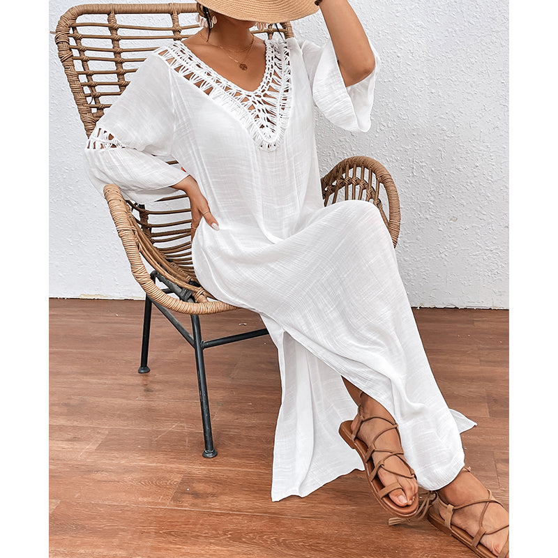 Women Hand Hook Stitching Colorful Ball Sexy Hollow Out Cutout Backless Loose Beach Long Cover Dress Crochet hook Bella Mia