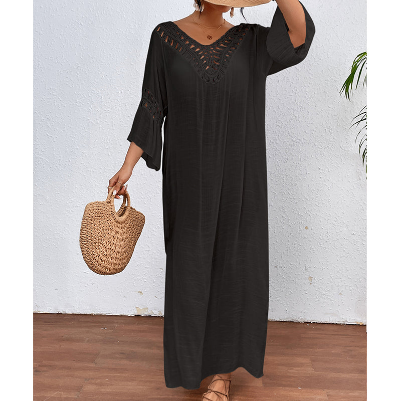 Women Hand Hook Stitching Colorful Ball Sexy Hollow Out Cutout Backless Loose Beach Long Cover Dress Crochet hook Bella Mia