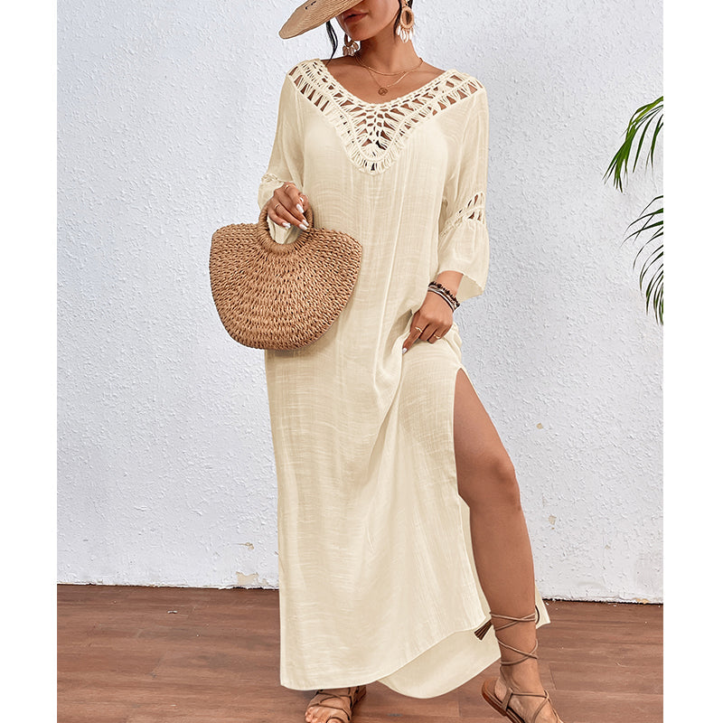 Women Hand Hook Stitching Colorful Ball Sexy Hollow Out Cutout Backless Loose Beach Long Cover Dress Crochet hook Bella Mia