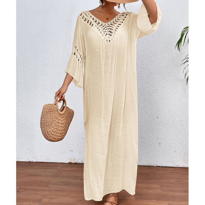 Women Hand Hook Stitching Colorful Ball Sexy Hollow Out Cutout Backless Loose Beach Long Cover Dress Crochet hook Bella Mia