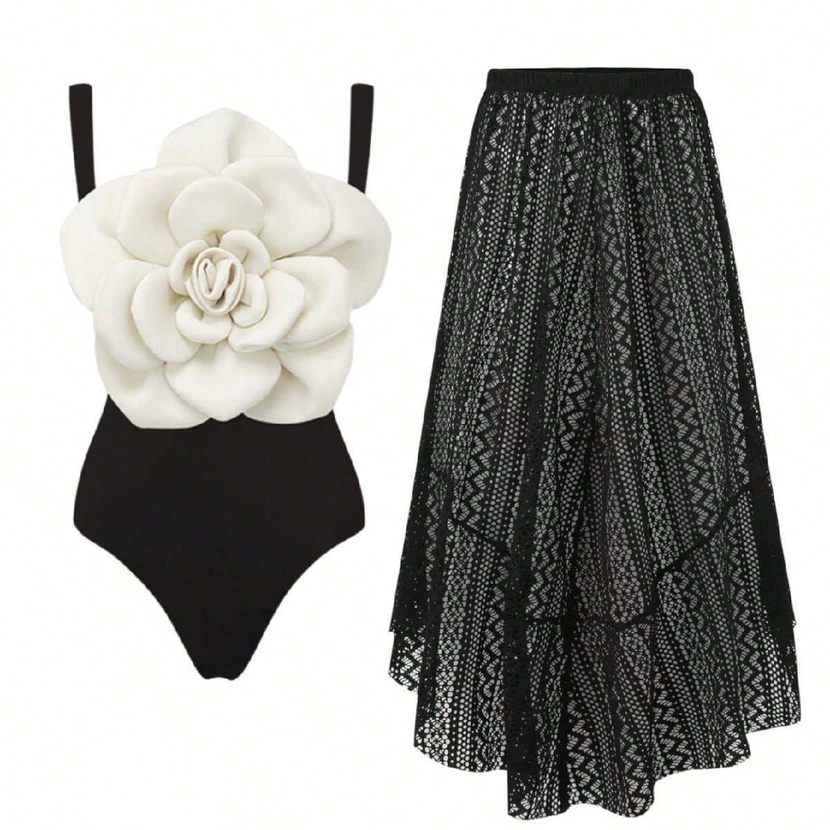 Bikinx Contrast Color Flower Decor Sexy One Piece Swimsuit And Skirt Cover Up Bella Mia