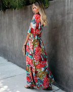 Large Floral Beach Cover-up Vacation Sun Protection Shirt Robe Dress Beach Cover Up Bella Mia