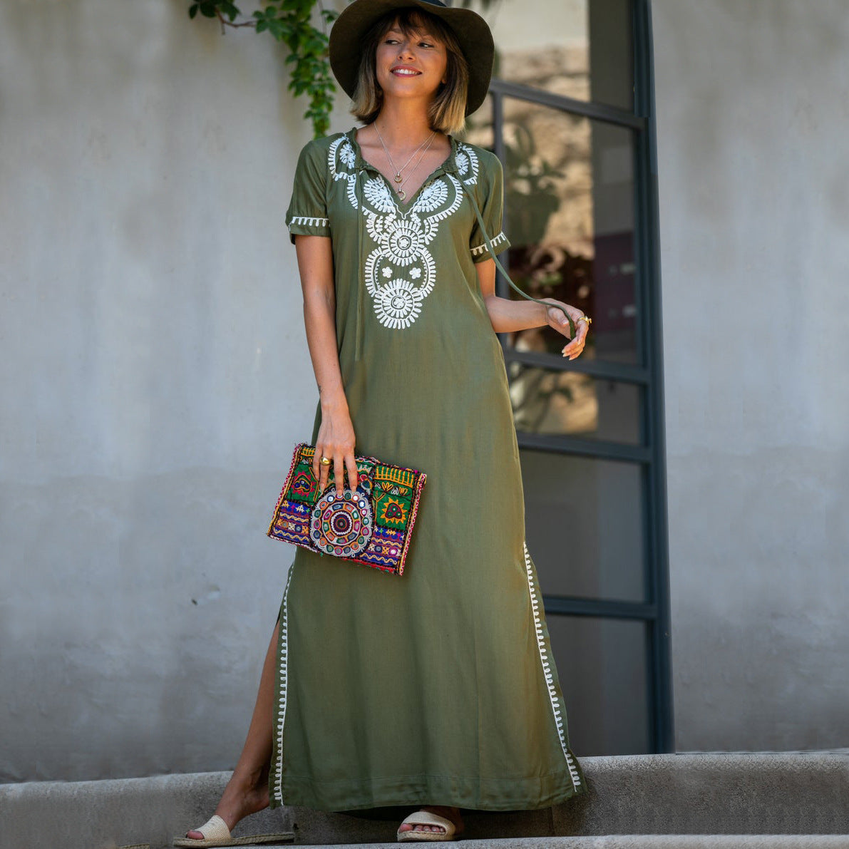Rayon Army Green Short Sleeve Embroidered Beach Jacket Vacation Robe Beach Cover Up Outer Wear Dress Women Bella Mia