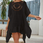 Women Clothes Vacation Hand Crocheting Stitching Solid Color Beach Cover up Sun Protection Sexy Loose Blouse Crochet hook Bella Mia
