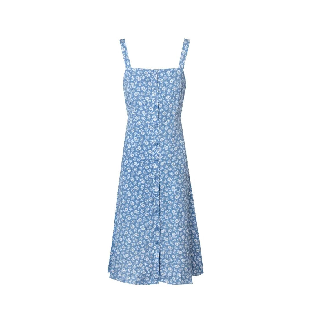 French Vintage Floral Off Neck Single Breasted Cami Dress Summer Slim Fit Slimming Vacation Mid Length Dress Women
