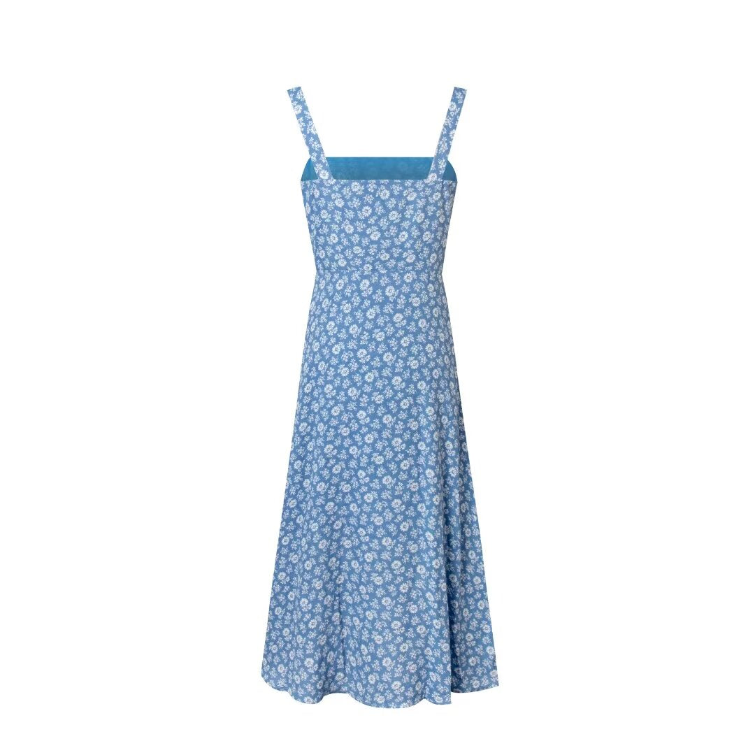 French Vintage Floral Off Neck Single Breasted Cami Dress Summer Slim Fit Slimming Vacation Mid Length Dress Women