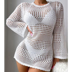 Vacation Casual Hollow Out Cutout Out Long Sleeve Pullover Solid Color Sun Protection Shirt Mid Length Beach Cover Up Crochet hook Bella Mia