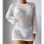 Vacation Casual Hollow Out Cutout Out Long Sleeve Pullover Solid Color Sun Protection Shirt Mid Length Beach Cover Up Crochet hook Bella Mia