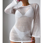 Vacation Casual Hollow Out Cutout Out Long Sleeve Pullover Solid Color Sun Protection Shirt Mid Length Beach Cover Up Crochet hook Bella Mia