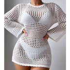 Vacation Casual Hollow Out Cutout Out Long Sleeve Pullover Solid Color Sun Protection Shirt Mid Length Beach Cover Up Crochet hook Bella Mia