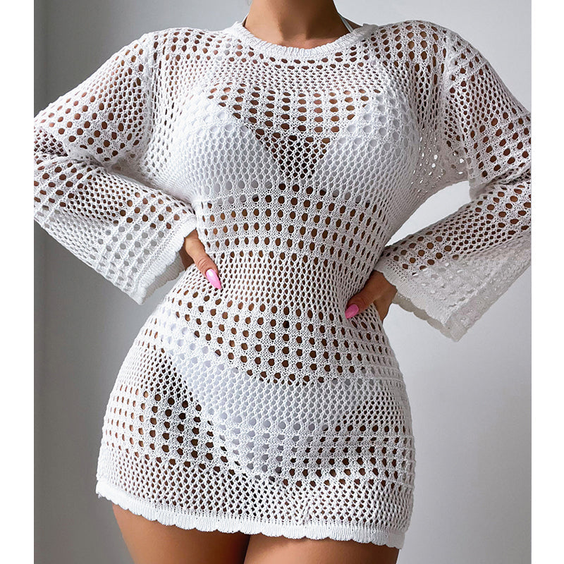 Vacation Casual Hollow Out Cutout Out Long Sleeve Pullover Solid Color Sun Protection Shirt Mid Length Beach Cover Up Crochet hook Bella Mia