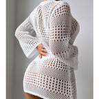 Vacation Casual Hollow Out Cutout Out Long Sleeve Pullover Solid Color Sun Protection Shirt Mid Length Beach Cover Up Crochet hook Bella Mia
