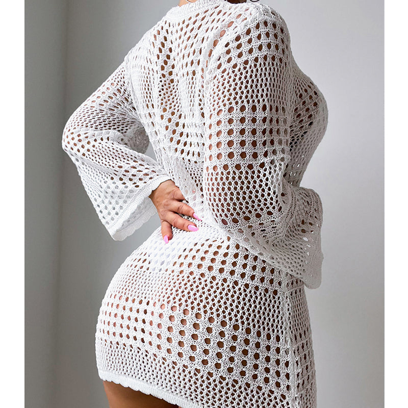 Vacation Casual Hollow Out Cutout Out Long Sleeve Pullover Solid Color Sun Protection Shirt Mid Length Beach Cover Up Crochet hook Bella Mia