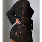 Vacation Casual Hollow Out Cutout Out Long Sleeve Pullover Solid Color Sun Protection Shirt Mid Length Beach Cover Up Crochet hook Bella Mia