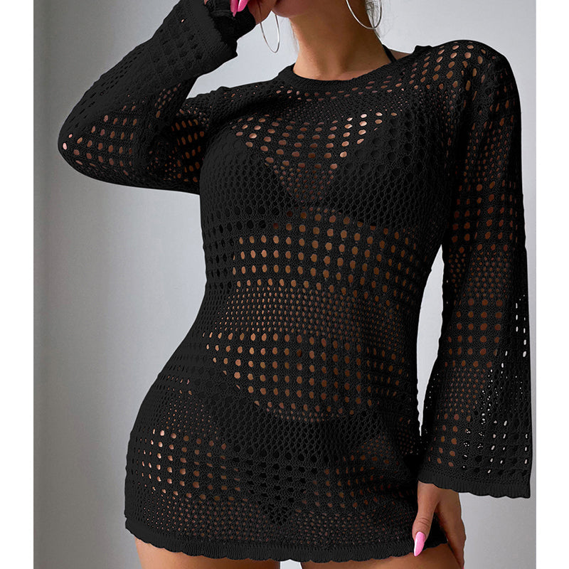 Vacation Casual Hollow Out Cutout Out Long Sleeve Pullover Solid Color Sun Protection Shirt Mid Length Beach Cover Up Crochet hook Bella Mia