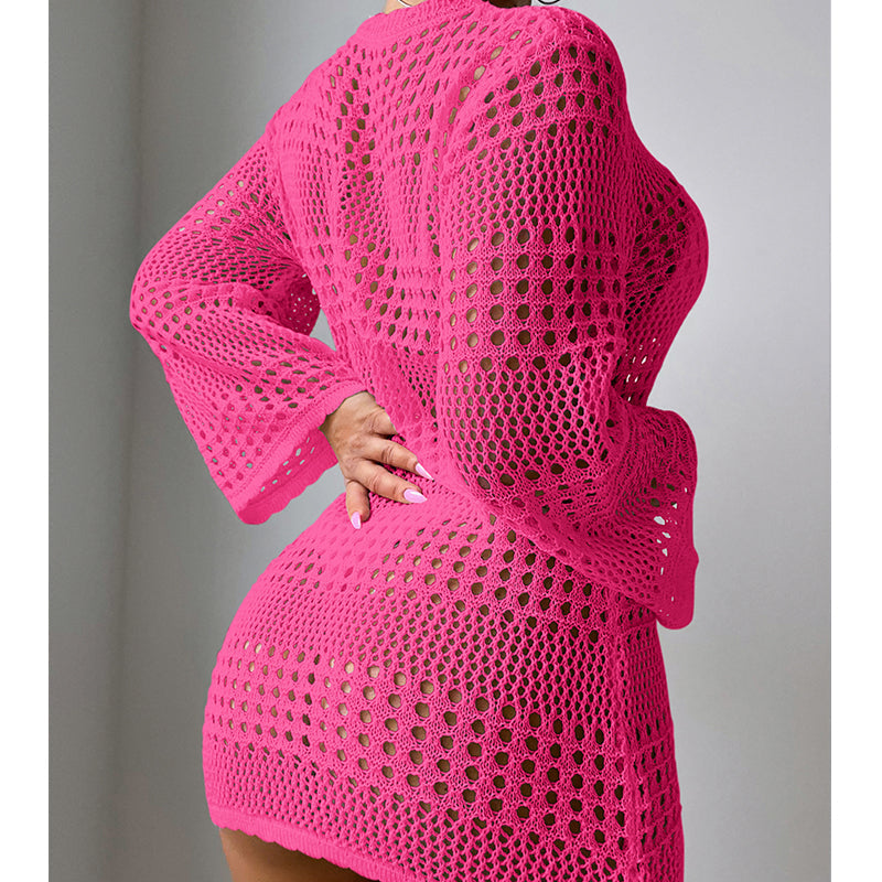 Vacation Casual Hollow Out Cutout Out Long Sleeve Pullover Solid Color Sun Protection Shirt Mid Length Beach Cover Up Crochet hook Bella Mia