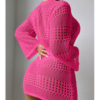 Vacation Casual Hollow Out Cutout Out Long Sleeve Pullover Solid Color Sun Protection Shirt Mid Length Beach Cover Up Crochet hook Bella Mia