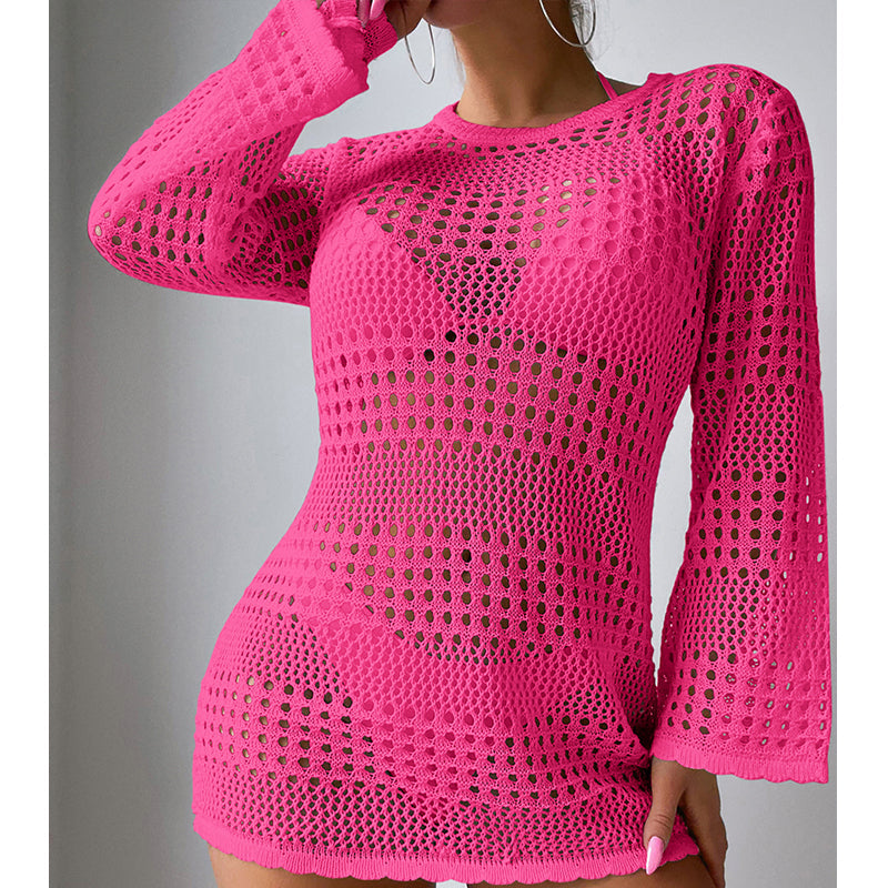 Vacation Casual Hollow Out Cutout Out Long Sleeve Pullover Solid Color Sun Protection Shirt Mid Length Beach Cover Up Crochet hook Bella Mia