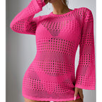 Vacation Casual Hollow Out Cutout Out Long Sleeve Pullover Solid Color Sun Protection Shirt Mid Length Beach Cover Up Crochet hook Bella Mia