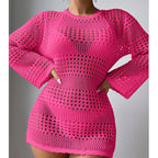 Vacation Casual Hollow Out Cutout Out Long Sleeve Pullover Solid Color Sun Protection Shirt Mid Length Beach Cover Up Crochet hook Bella Mia