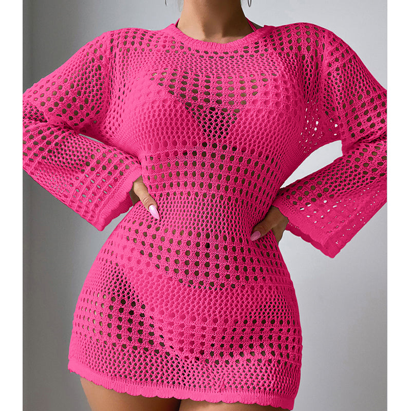 Vacation Casual Hollow Out Cutout Out Long Sleeve Pullover Solid Color Sun Protection Shirt Mid Length Beach Cover Up Crochet hook Bella Mia