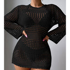 Vacation Casual Hollow Out Cutout Out Long Sleeve Pullover Solid Color Sun Protection Shirt Mid Length Beach Cover Up Crochet hook Bella Mia