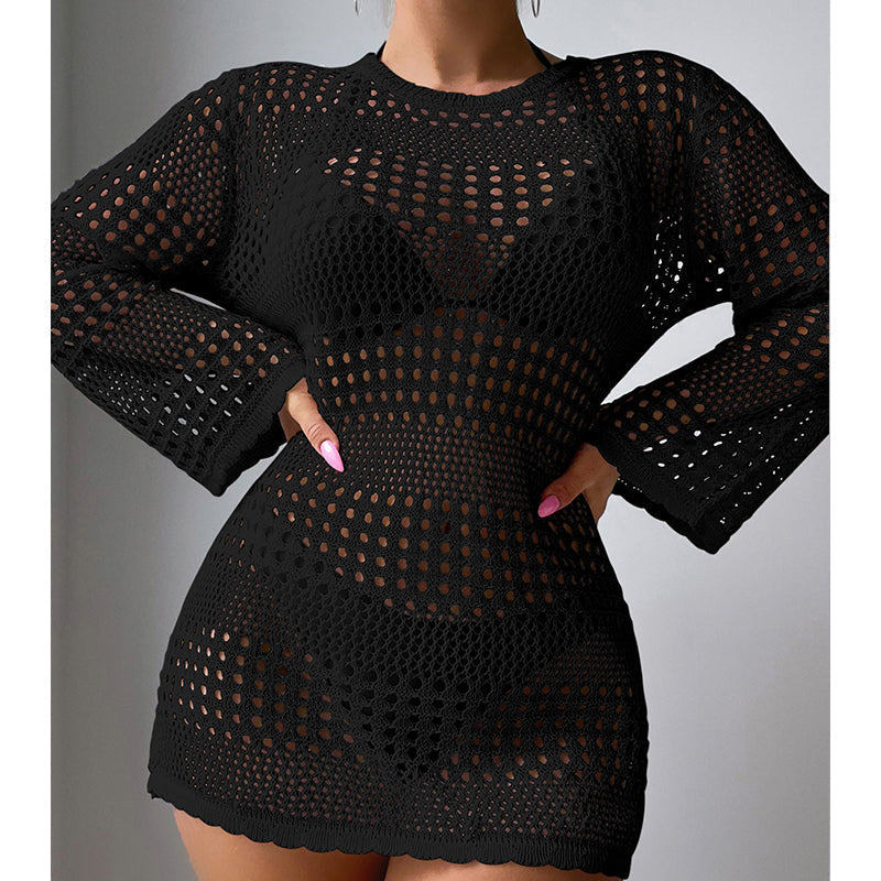 Vacation Casual Hollow Out Cutout Out Long Sleeve Pullover Solid Color Sun Protection Shirt Mid Length Beach Cover Up Crochet hook Bella Mia