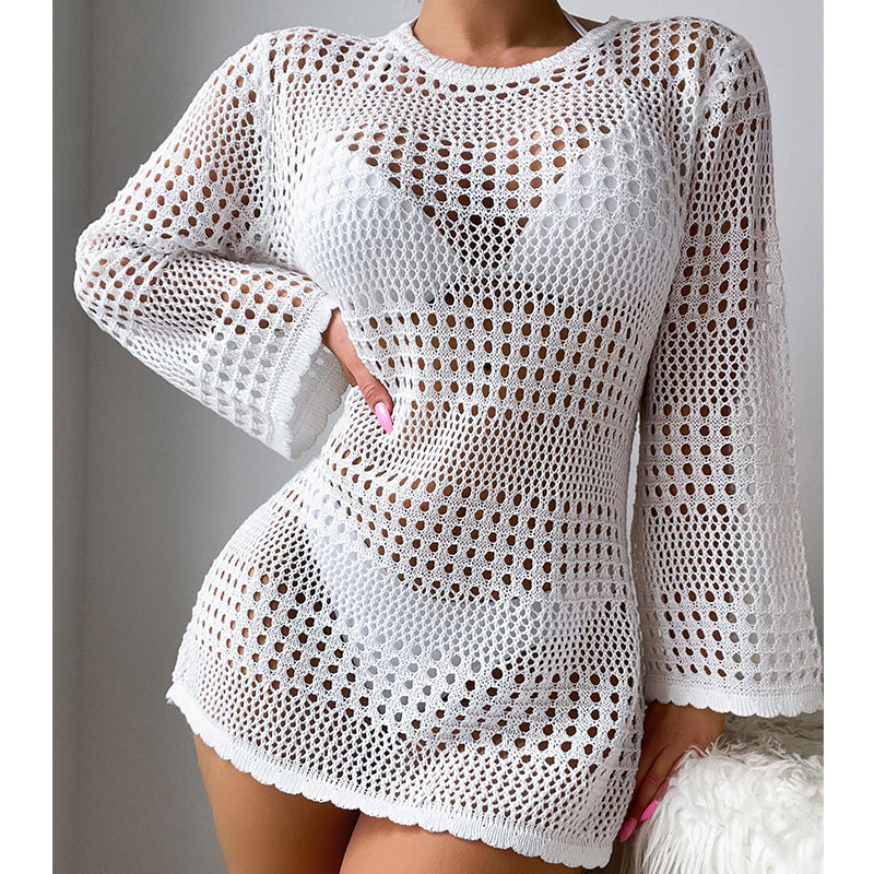 Vacation Casual Hollow Out Cutout Out Long Sleeve Pullover Solid Color Sun Protection Shirt Mid Length Beach Cover Up Crochet hook Bella Mia