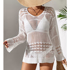 Holiday Sexy Hollow Out Cutout Texture Loose Pullover Sun Protection Shirt Mid Length Beach Blouse Crochet hook Bella Mia