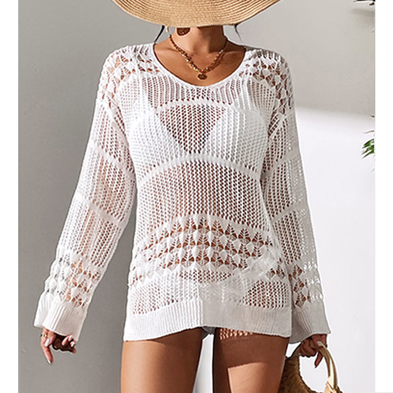 Holiday Sexy Hollow Out Cutout Texture Loose Pullover Sun Protection Shirt Mid Length Beach Blouse Crochet hook Bella Mia