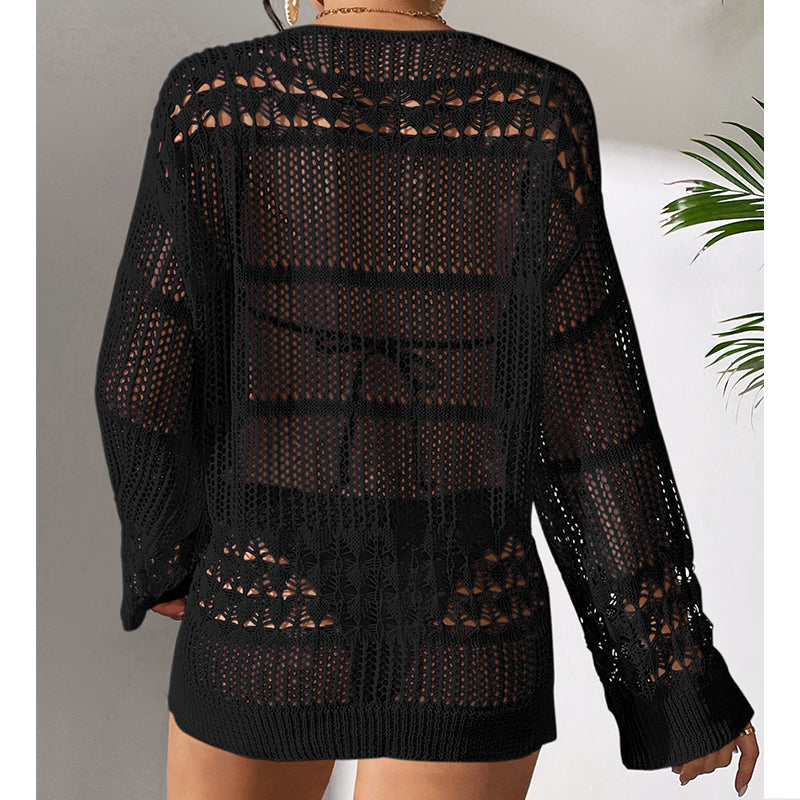 Holiday Sexy Hollow Out Cutout Texture Loose Pullover Sun Protection Shirt Mid Length Beach Blouse Crochet hook Bella Mia