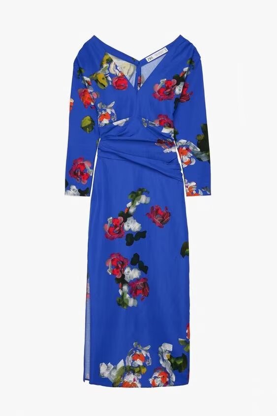 Spring Printed V neck Slimming Long Sleeves Pleated Dress Long Bella Mia