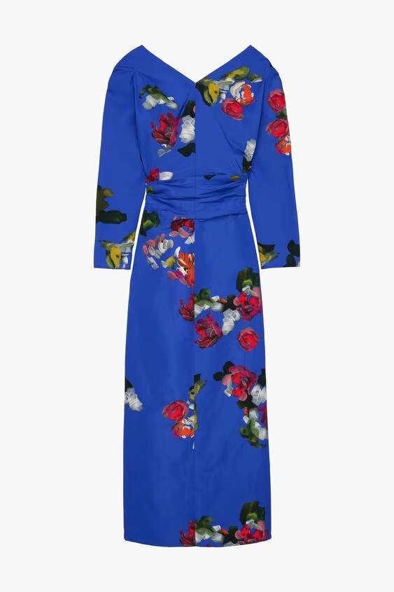 Spring Printed V neck Slimming Long Sleeves Pleated Dress Long Bella Mia