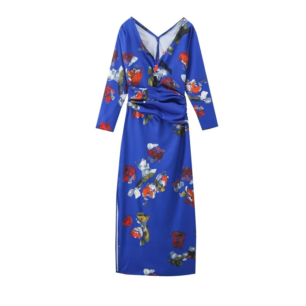 Spring Printed V neck Slimming Long Sleeves Pleated Dress Long Bella Mia