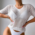 Women Hollow Out Cutout Neckline Button Loose Pullover Short Sleeve Woven Sexy Beach Blouse Crochet hook Bella Mia