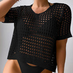 Women Hollow Out Cutout Neckline Button Loose Pullover Short Sleeve Woven Sexy Beach Blouse Crochet hook Bella Mia