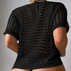 Women Hollow Out Cutout Neckline Button Loose Pullover Short Sleeve Woven Sexy Beach Blouse Crochet hook Bella Mia
