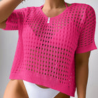 Women Hollow Out Cutout Neckline Button Loose Pullover Short Sleeve Woven Sexy Beach Blouse Crochet hook Bella Mia