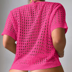 Women Hollow Out Cutout Neckline Button Loose Pullover Short Sleeve Woven Sexy Beach Blouse Crochet hook Bella Mia